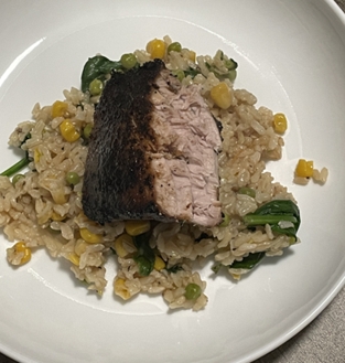 Yellowfin Tuna Steak over Brown Rice Vegetable Medley